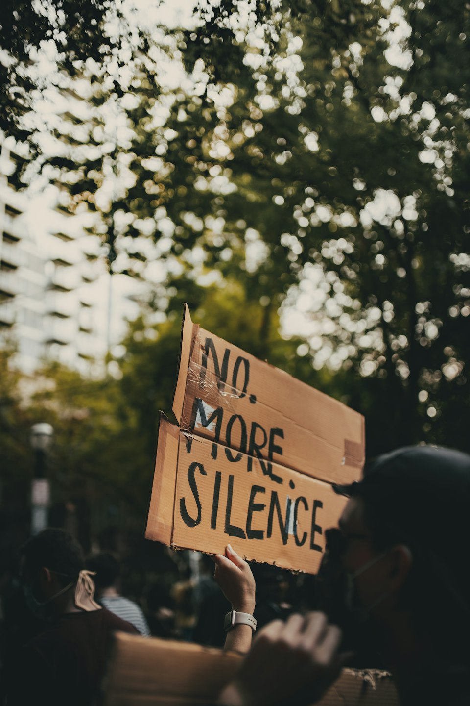 Protestor holds a cardboard sign reading No More Silence.
